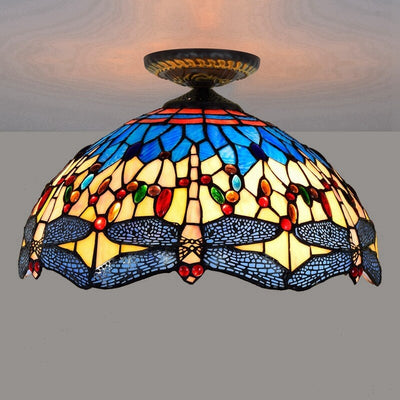 Tiffany European Dragonfly Stained Glass 1-Light Semi-Flush Mount Ceiling Light