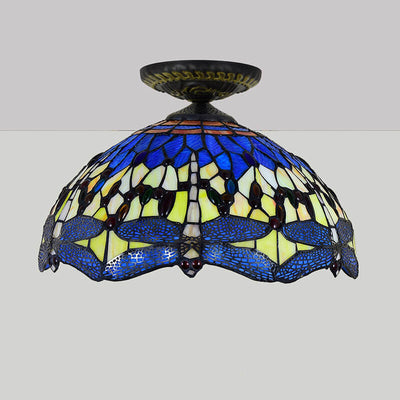 Tiffany European Dragonfly Stained Glass 1-Light Semi-Flush Mount Ceiling Light