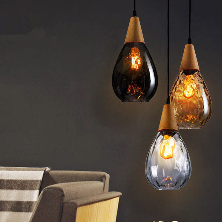 Moderne minimalistische runde Pendelleuchte mit 1 Flamme aus Holzglas mit Wasserwellenstruktur für das Schlafzimmer 