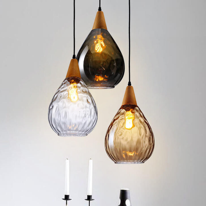 Moderne minimalistische runde Pendelleuchte mit 1 Flamme aus Holzglas mit Wasserwellenstruktur für das Schlafzimmer 