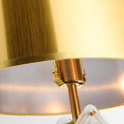 Minimalist Golden Fabric Shade Glass Leaf Base 1-Light Table Lamp