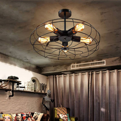Lustre industriel en fer forgé à 5 lumières 