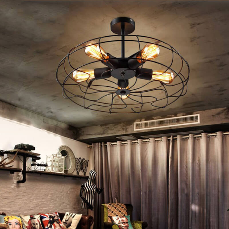 Lustre industriel en fer forgé à 5 lumières 