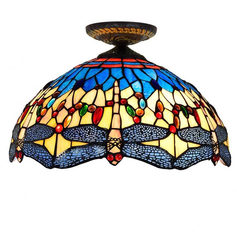 Tiffany European Dragonfly Buntglas-Deckenleuchte mit 1 Licht, halbbündige Montage 