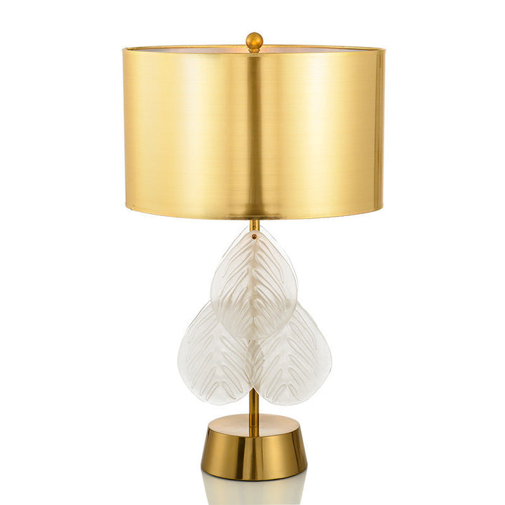 Minimalist Golden Fabric Shade Glass Leaf Base 1-Light Table Lamp