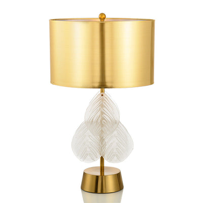 Minimalist Golden Fabric Shade Glass Leaf Base 1-Light Table Lamp