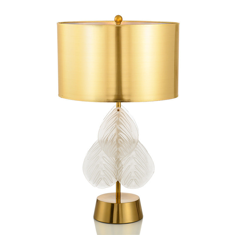 Minimalist Golden Fabric Shade Glass Leaf Base 1-Light Table Lamp