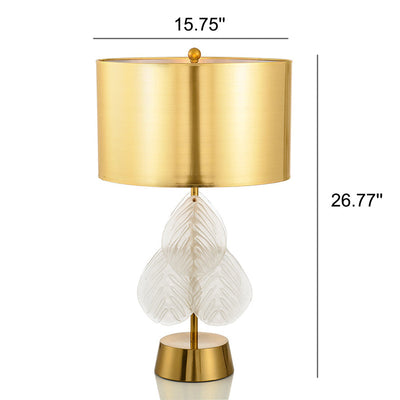 Minimalist Golden Fabric Shade Glass Leaf Base 1-Light Table Lamp