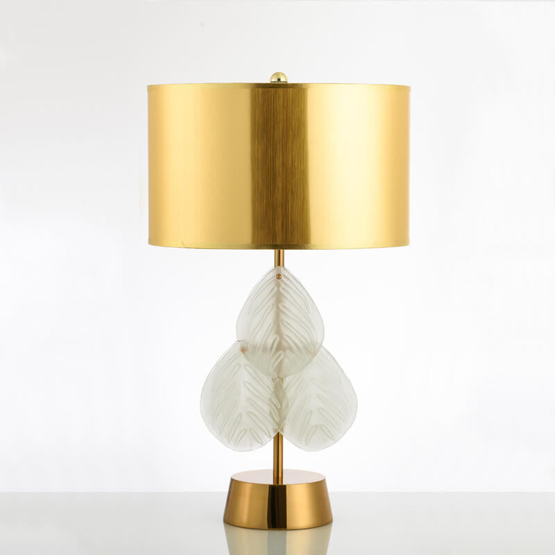 Minimalist Golden Fabric Shade Glass Leaf Base 1-Light Table Lamp