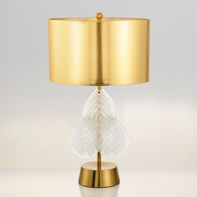 Minimalist Golden Fabric Shade Glass Leaf Base 1-Light Table Lamp