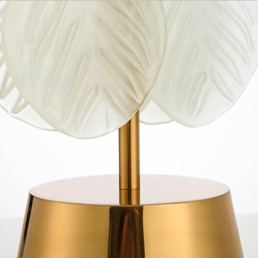 Minimalist Golden Fabric Shade Glass Leaf Base 1-Light Table Lamp
