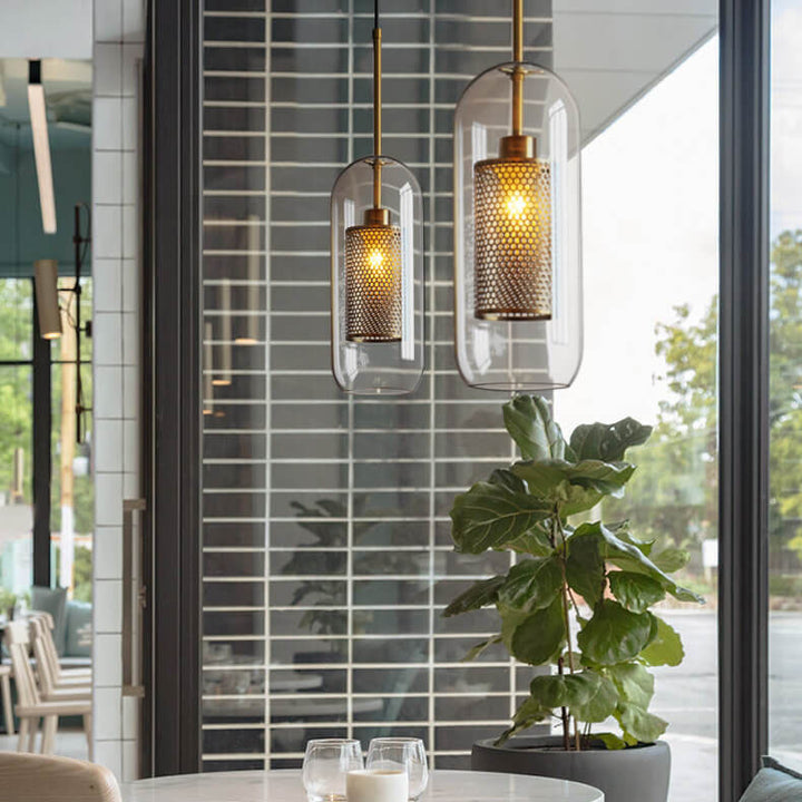 Luminaire suspendu cylindrique à 1 lumière en verre transparent