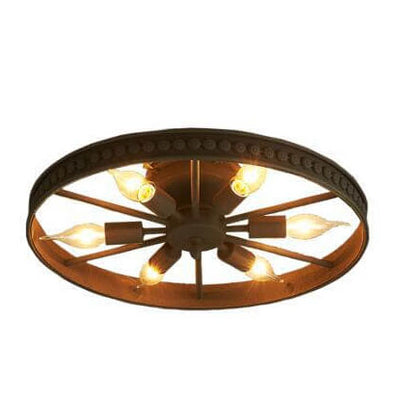 Industrial Wrought Iron Wheel 6-Light Flush Mount Lighting