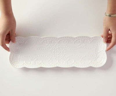 Japanese Style Embossed White Porcelain Long Dessert Plate