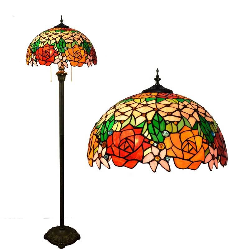 Lampe de sol vintage Tiffany en verre teinté avec rose à 2 lumières 