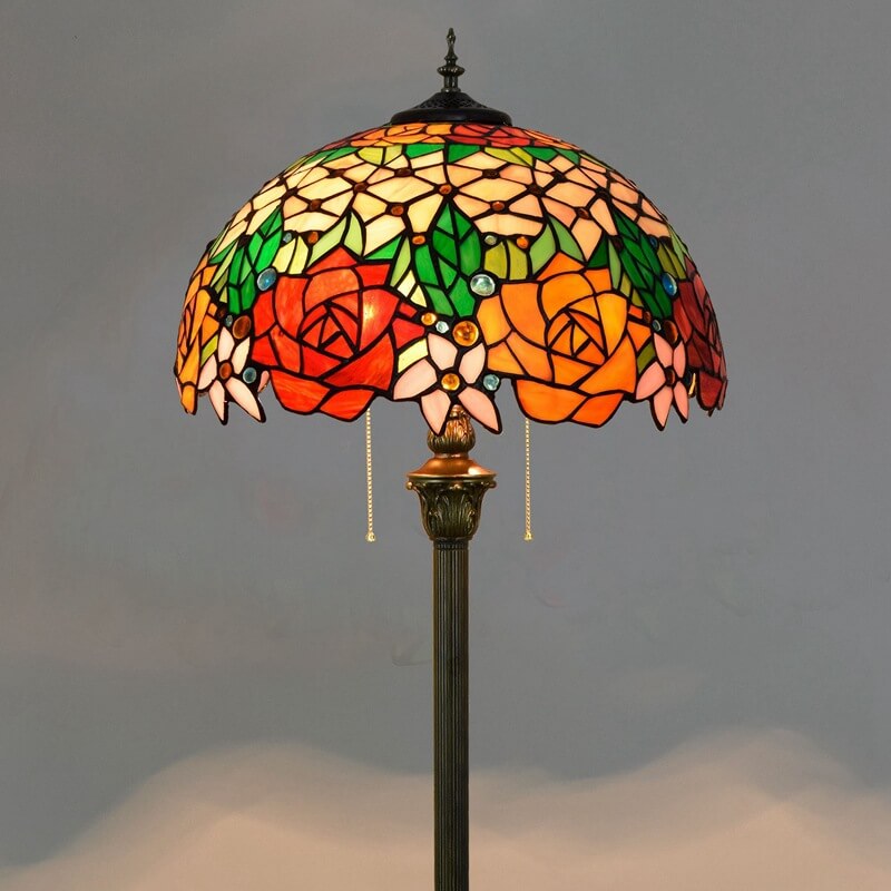 Lampe de sol vintage Tiffany en verre teinté avec rose à 2 lumières 