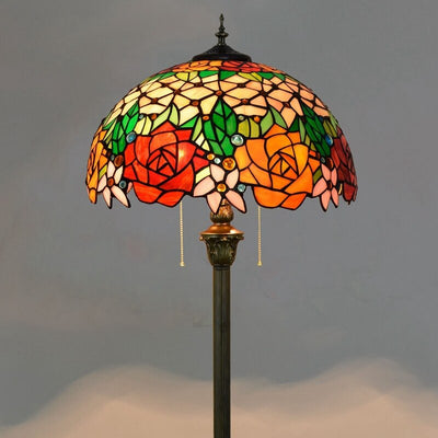 Vintage Tiffany Stained Glass Rose 2-Light Standing Floor Lamp