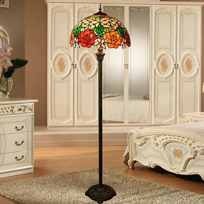 Vintage Tiffany Stained Glass Rose 2-Light Standing Floor Lamp