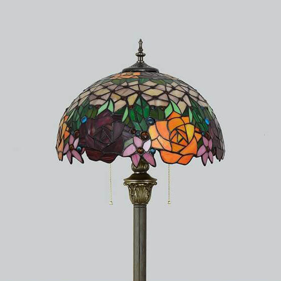 Vintage Tiffany Stained Glass Rose 2-Light Standing Floor Lamp