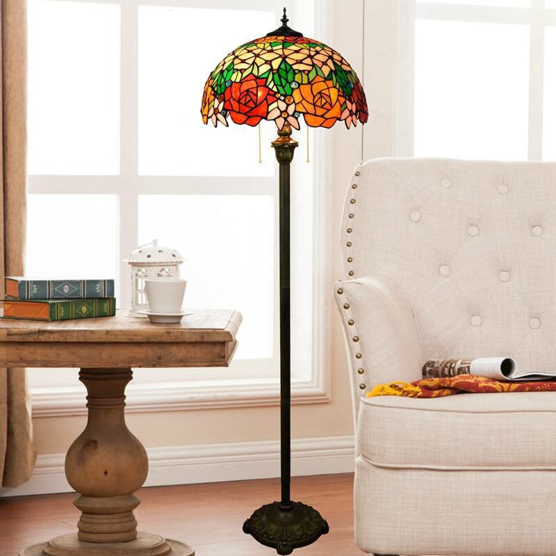 Lampe de sol vintage Tiffany en verre teinté avec rose à 2 lumières 