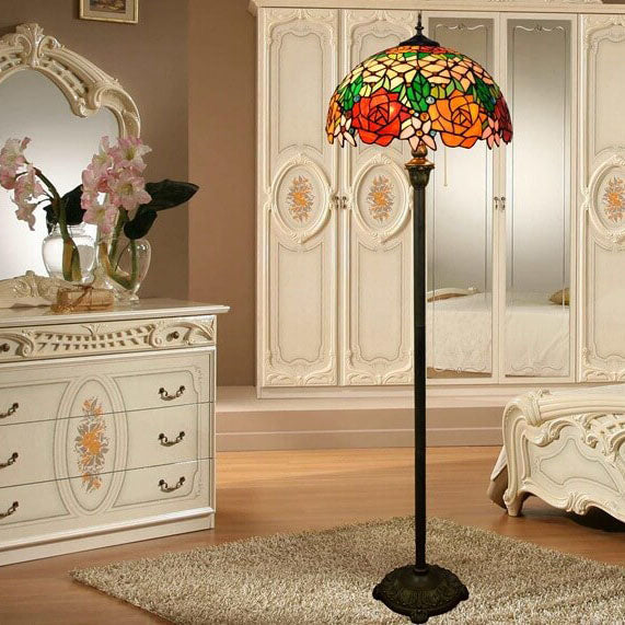 Vintage Tiffany Stained Glass Rose 2-Light Standing Floor Lamp