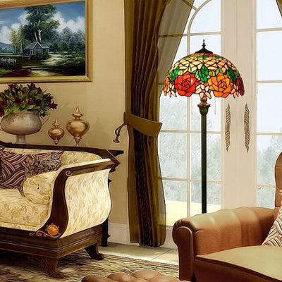 Vintage Tiffany Stained Glass Rose 2-Light Standing Floor Lamp