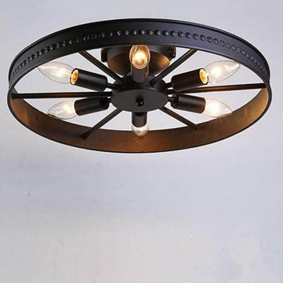 Industrial Wrought Iron Wheel 6-Light Flush Mount Lighting