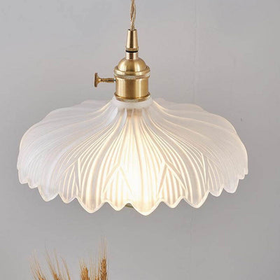 Nordic Carved Glass Petal Brass Dome 1-Light Pendant Light