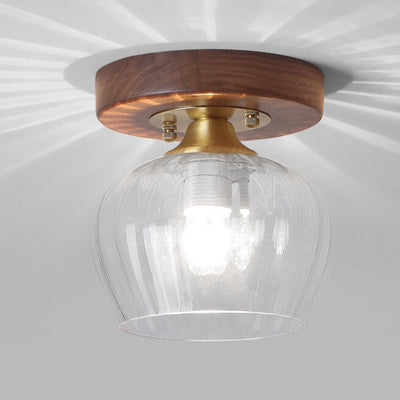 Modern Dome Glass Wooden Base 1-Light Semi-Flush Mount Ceiling Light