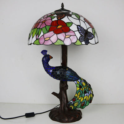 Tiffany Classical Flower Stained Glass Peacock Base 3-Light Table Lamp