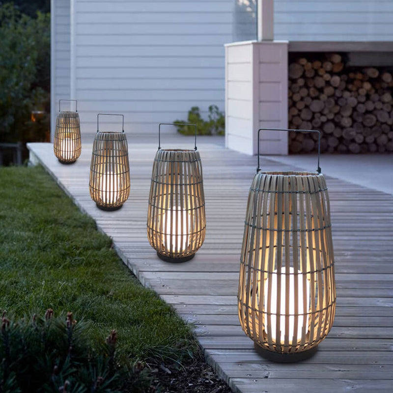 Modern Rattan Weaving Oval Cage Outdoor Patio Waterproof Floor Lamp