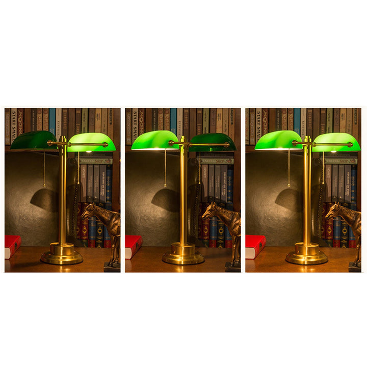 Vintage Green All Brass 2-Light Bank Pull Cord Touch Table Lamp