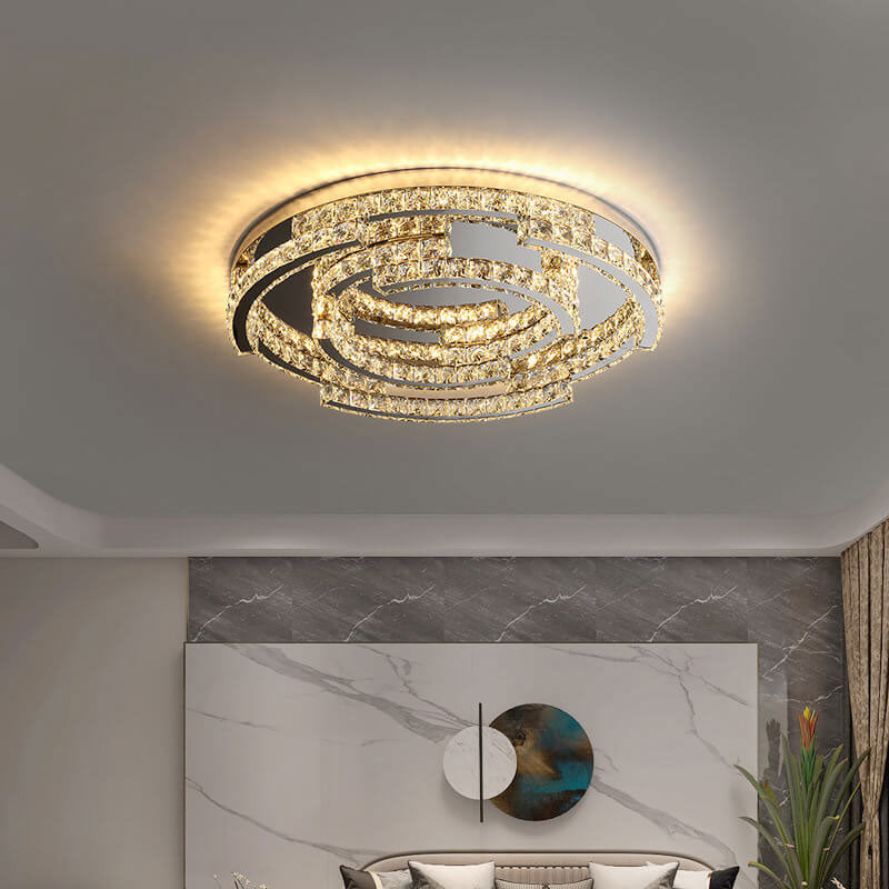 Round Simple Stainless Steel Crystal Multilayer Design LED Flush Mount Light