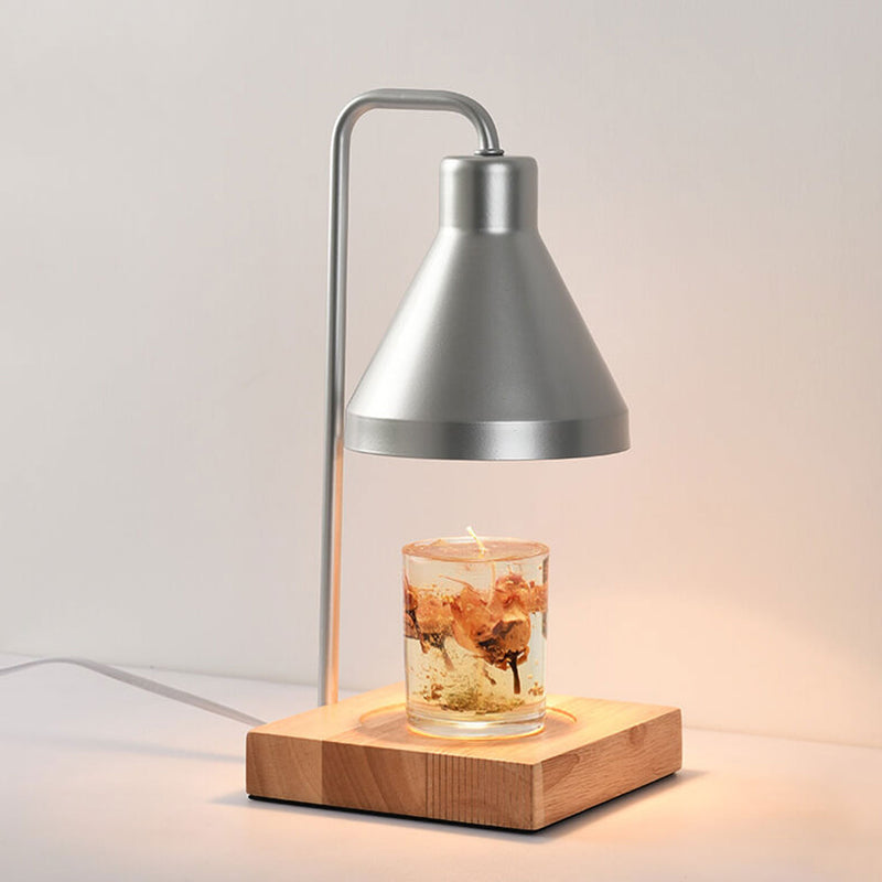 Lampe de table à cire fondante à 2 lumières avec abat-jour conique simple et base en bois 