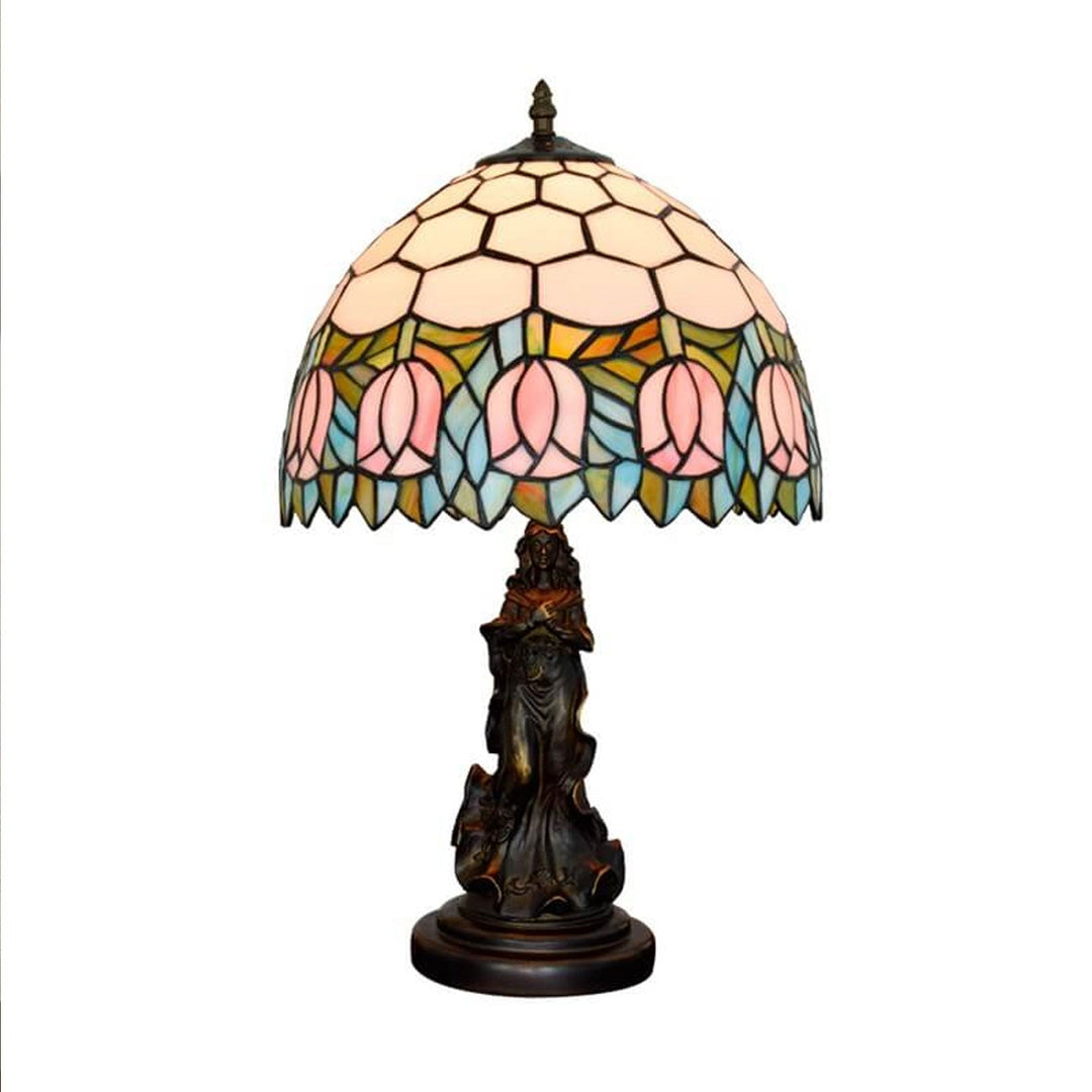 Lámpara de Mesa de 1 Luz con Base de Ángel de Vidrio Tiffany Tulip Vintage 