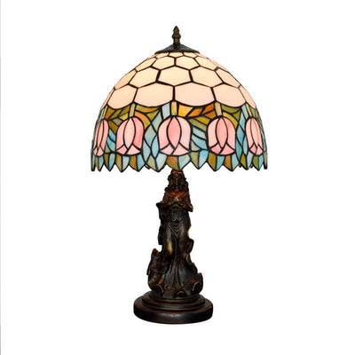 Vintage Tiffany Tulip Stained Glass Angel Base 1-Light Table Lamp