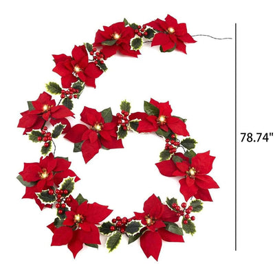 Guirlande lumineuse LED fleur rouge de Noël en faux velours avec fruits 