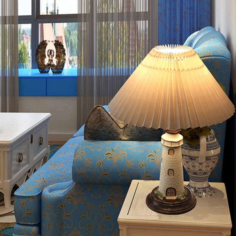 Creative Mediterranean Pleated Lampshade Lighthouse Base 1-Light Table Lamp