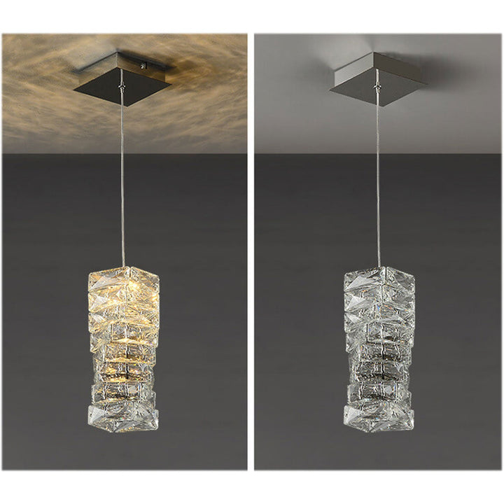 Moderne Luxus Kristallsäule Edelstahl LED Pendelleuchte 