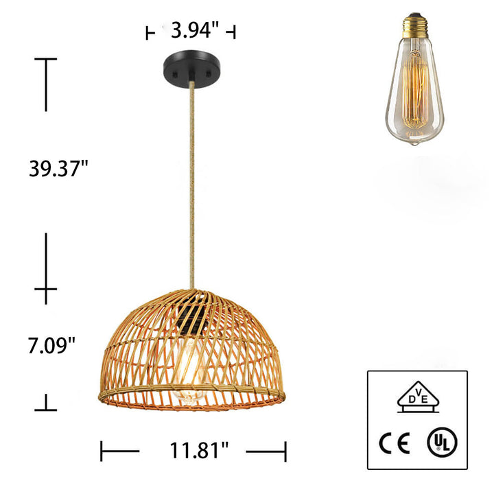 Suspension Luminaire à 1 Lumière en Rotin Vintage Tressé en Dôme 