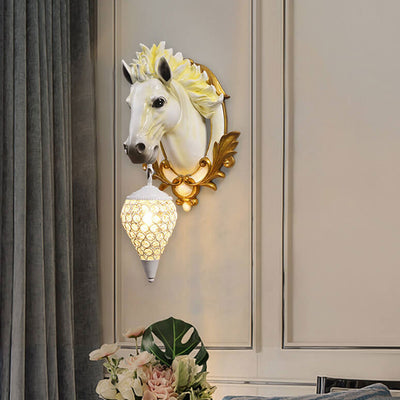 European Vintage Resin Horse Head Lantern 1-Light Wall Sconce Lamp