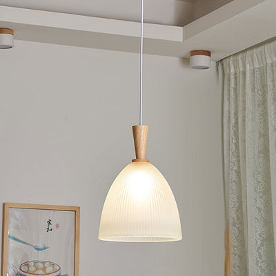 Modern Minimalist Textured Dome Glass Wood  Handle 1-Light Pendant Light