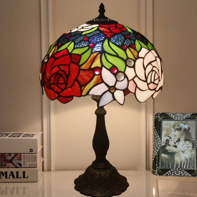 European Vintage Rose Stained Glass 1-Light Table Lamp