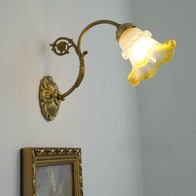 French Vintage Brass Glass Flower 1-Light Wall Sconce Lamp