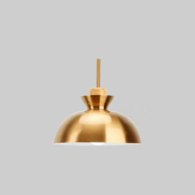 Nordic Simple Golden Dome Metal 1-Light Wood Handle Pendant Light