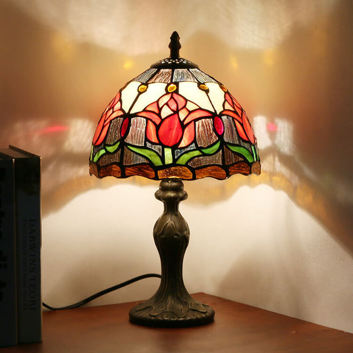 Lampe de table ronde à 1 lumière en verre teinté Tiffany Rustic Tulip 