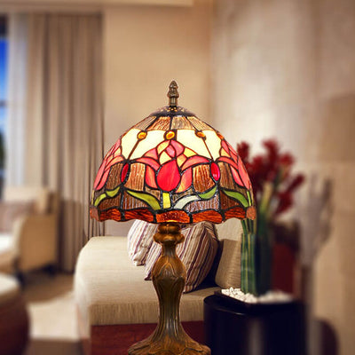 Tiffany Rustic Tulip Stained Glass Round 1-Light Table Lamp