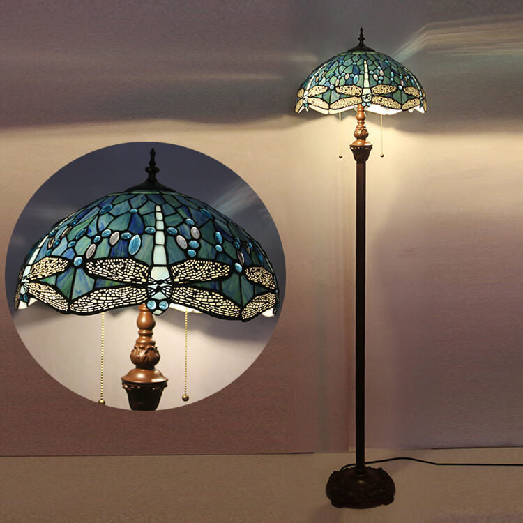 European Vintage Tiffany Dragonfly Glass Resin 2-Light Standing Floor Lamp