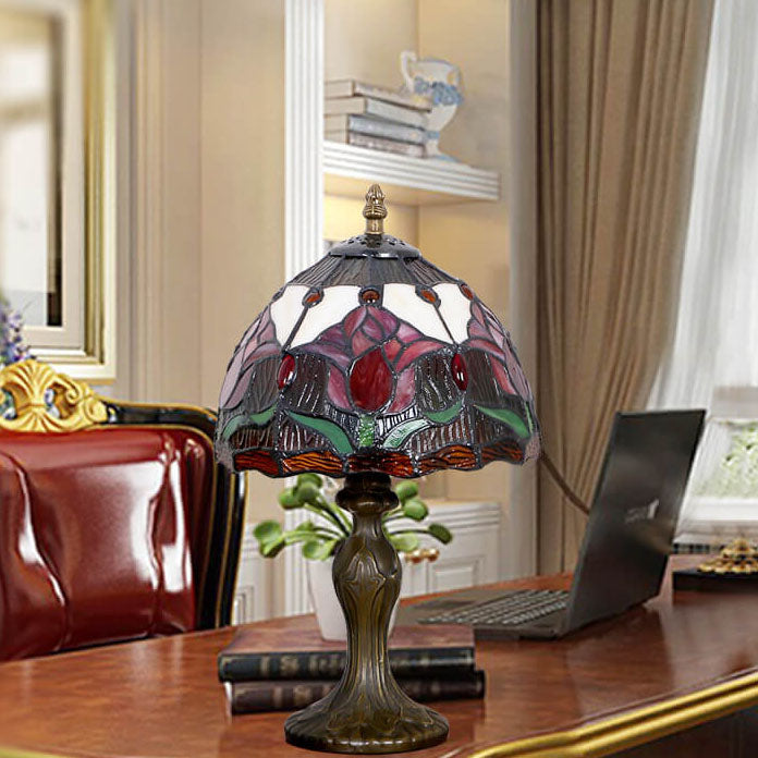 Lampe de table ronde à 1 lumière en verre teinté Tiffany Rustic Tulip 