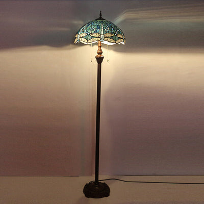 Europäische Vintage Tiffany Dragonfly Glas Harz 2-Licht Stehlampe 